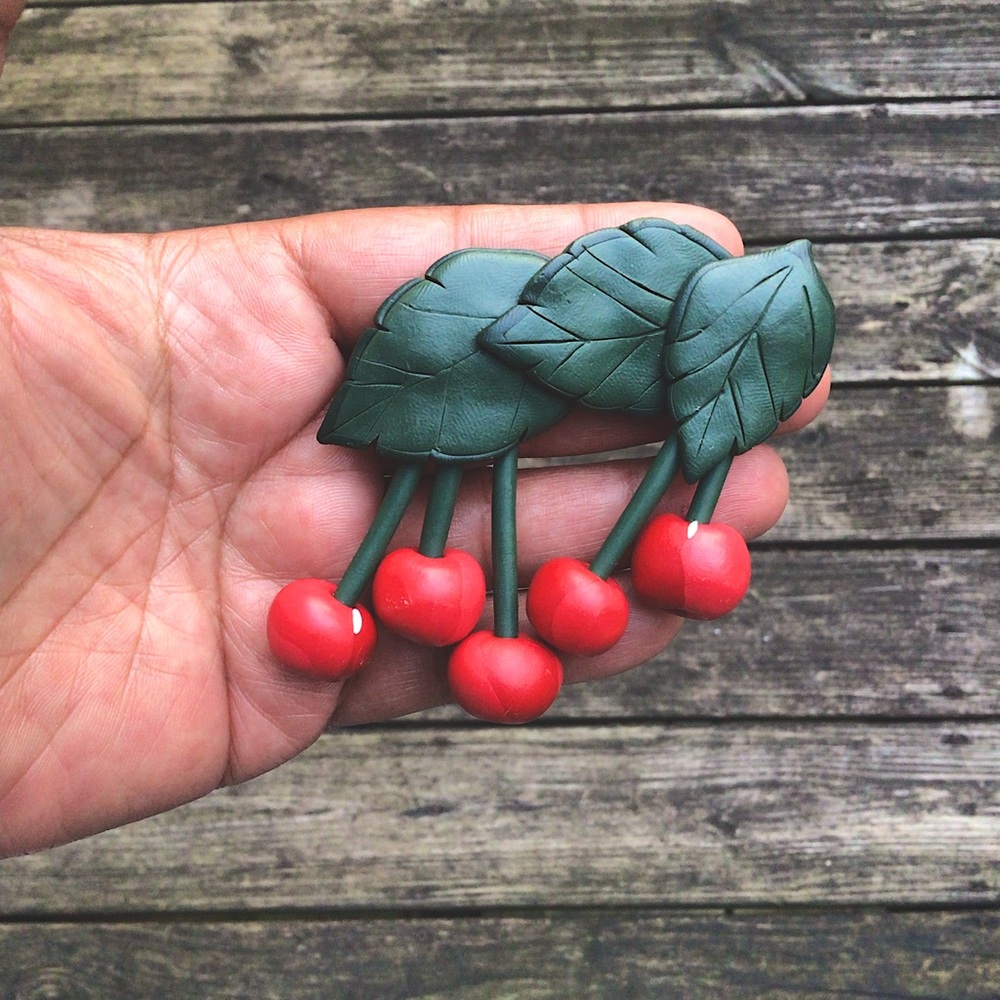 Vintage Large Handmade Artisan Cherry Brooch OOAK